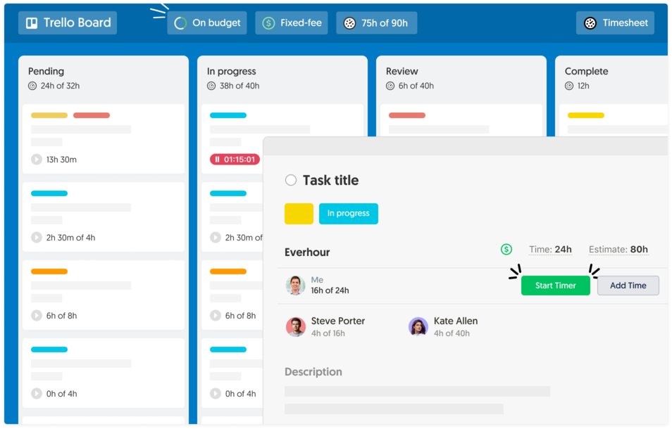 Trello time tracking interface with billing and budget controls