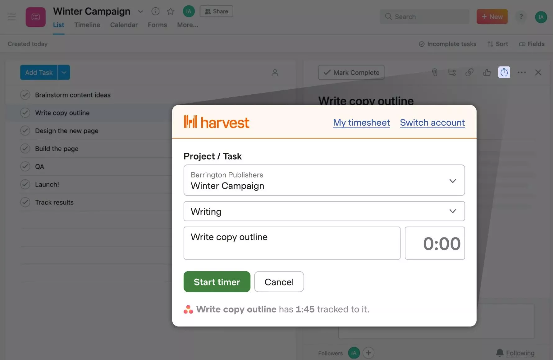 harvest asana integration