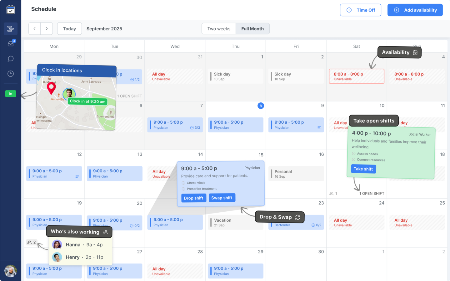 Dashboard showing employee engagement and shift feedback summary