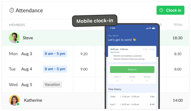 Clock in and out from web or mobile devices