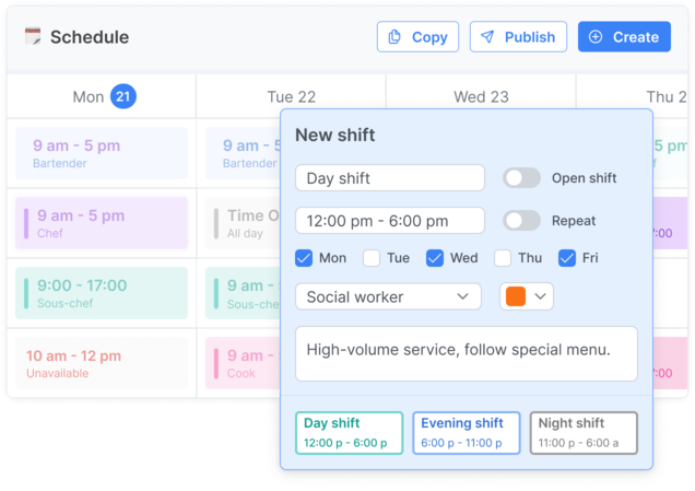 Create employee shifts in Everhour scheduling software